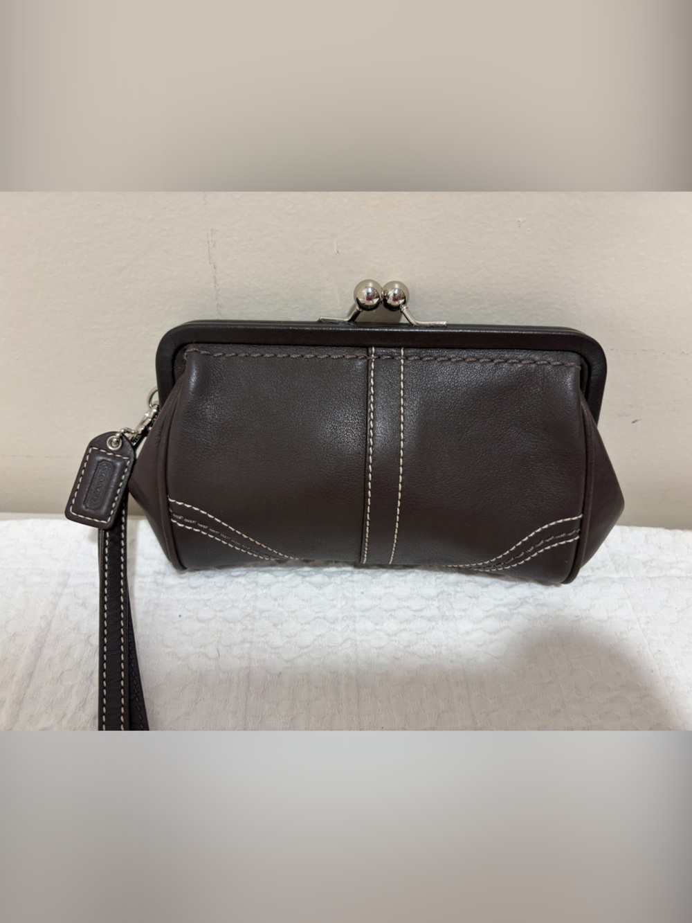 Coach Dark Brown Leather Wristlet with Contrast Stitching